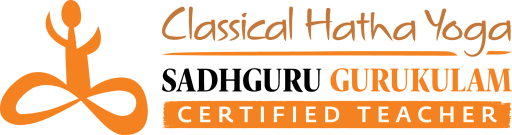 Logo featuring a stylized figure in a yoga pose beside the text "Classical Hatha Yoga Gurukulam Certified Teacher" in orange and white, perfect for use as a footer on websites.