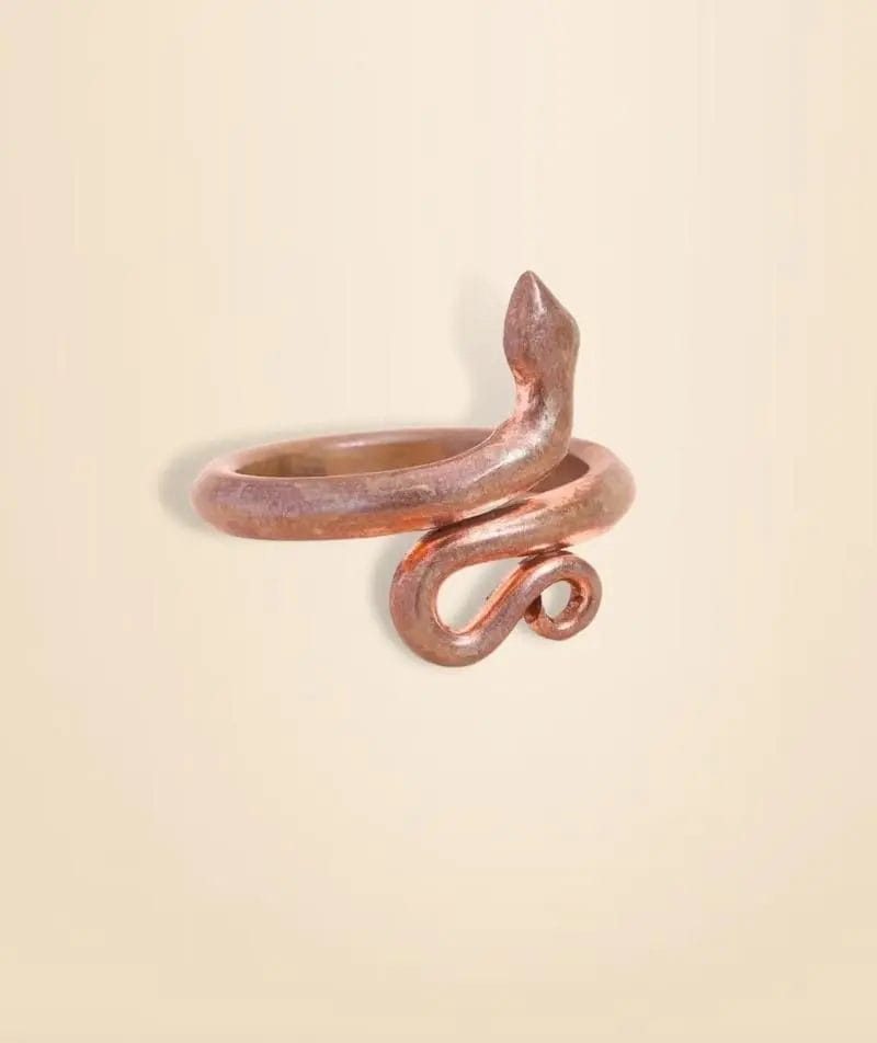 Bronze snake-shaped ring on a beige background.